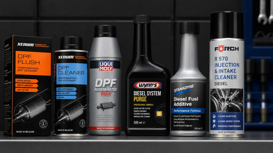 Assortment of DPF cleaning additives, diesel fuel-system solvents and catalytic regeneration bottles displayed on an auto parts store shelf — DPF maintenance products recommended by dpf-problems-solutions.com — Photo Created by www.dpf-problems-solutions.com