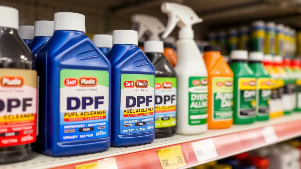 Bottles of DPF cleaner fuel additive and diesel injector cleaner on an auto parts store shelf