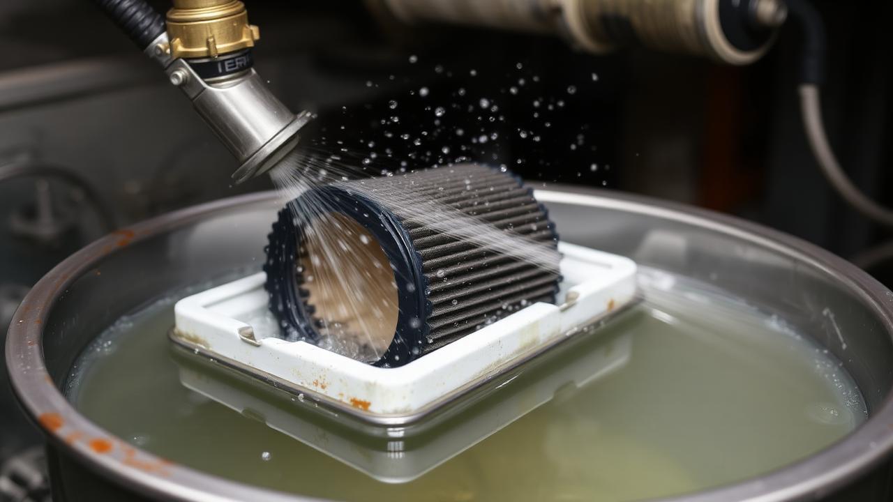 Removed diesel particulate filter being cleaned in a solvent bath with high-pressure spray