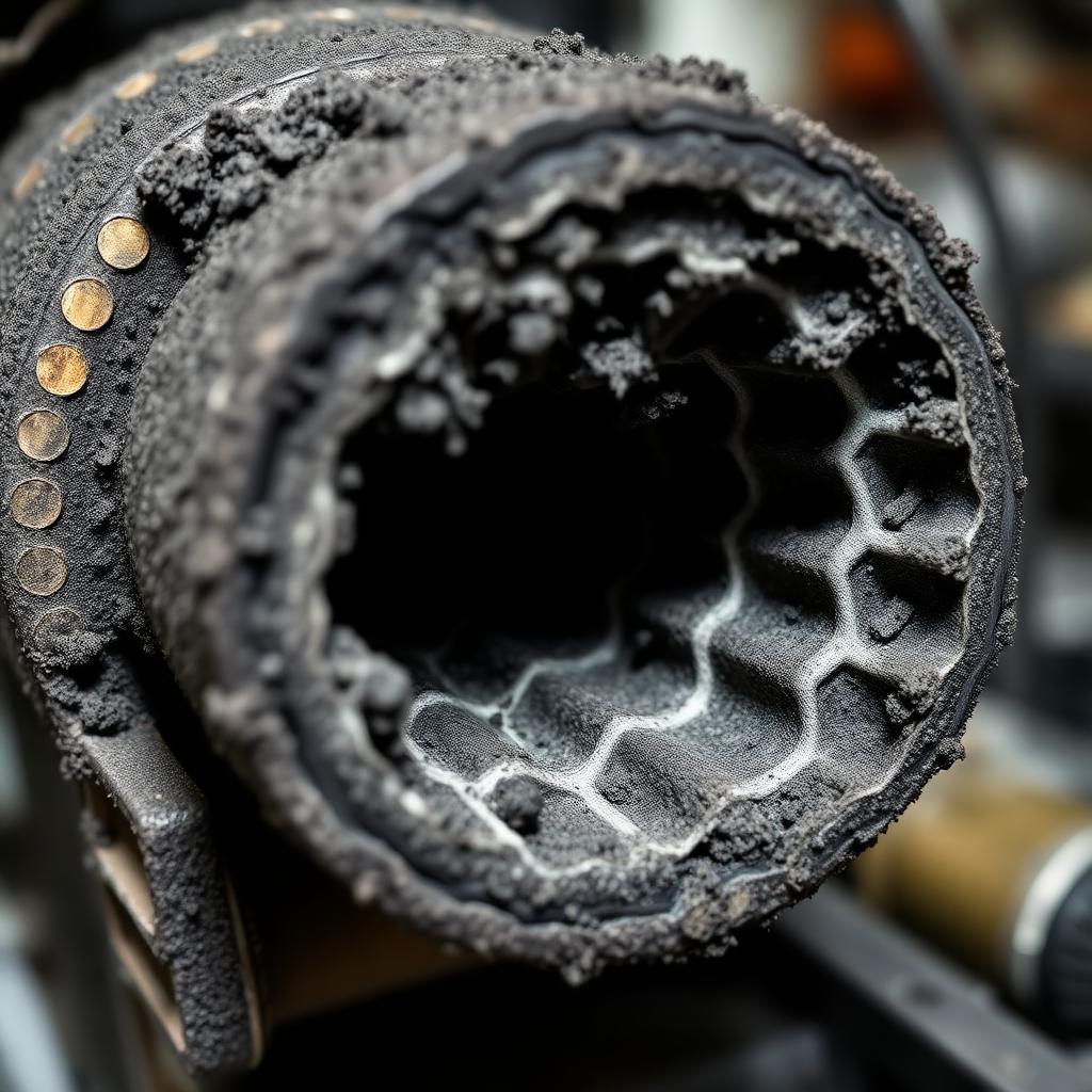 Before: diesel particulate filter face heavily clogged with black soot and grey ash deposits blocking the ceramic honeycomb channels — DPF condition example from dpf-problems-solutions.com — Photo Created by www.dpf-problems-solutions.com