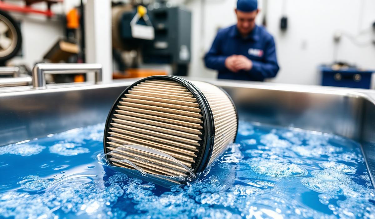 DPF filter being cleaned in a professional solvent bath tank