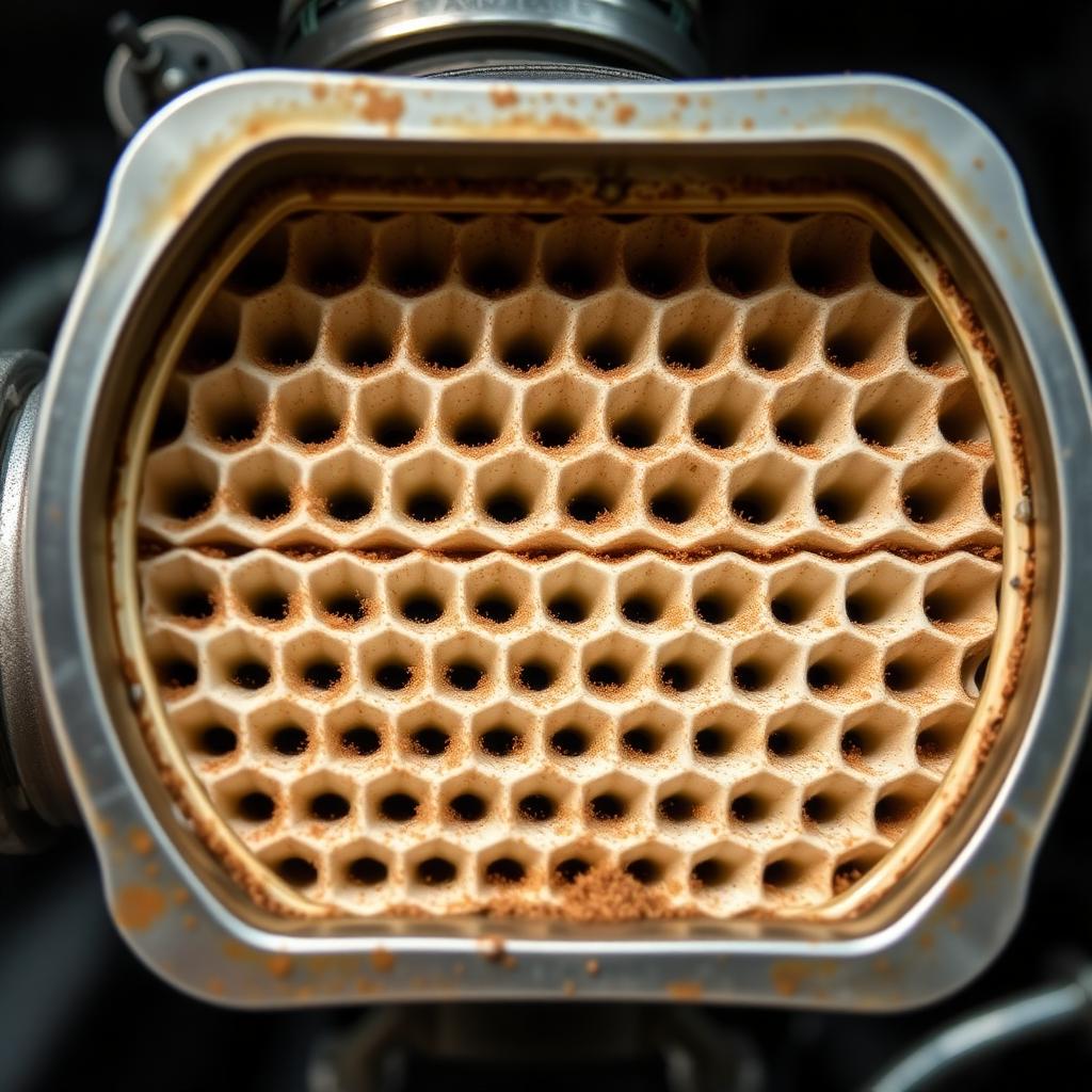 Clean restored diesel particulate filter DPF with clear open honeycomb channels after chemical cleaning — Photo Created by www.dpf-problems-solutions.com