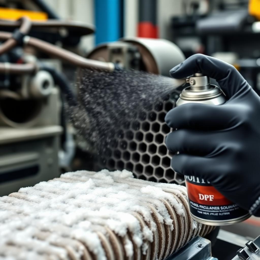 Mechanic spraying DPF cleaning solvent foam onto a diesel particulate filter to dissolve soot and ash deposits — Photo Created by www.dpf-problems-solutions.com
