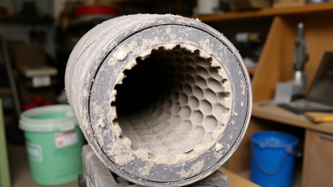 A soot-clogged diesel particulate filter cut open showing blocked ceramic honeycomb