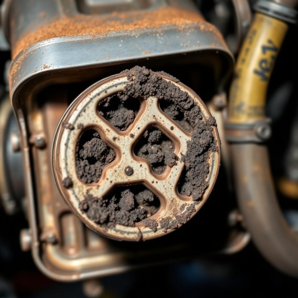 Close-up of a heavily clogged diesel particulate filter DPF with black soot and ash buildup blocking the honeycomb channels — Photo Created by www.dpf-problems-solutions.com