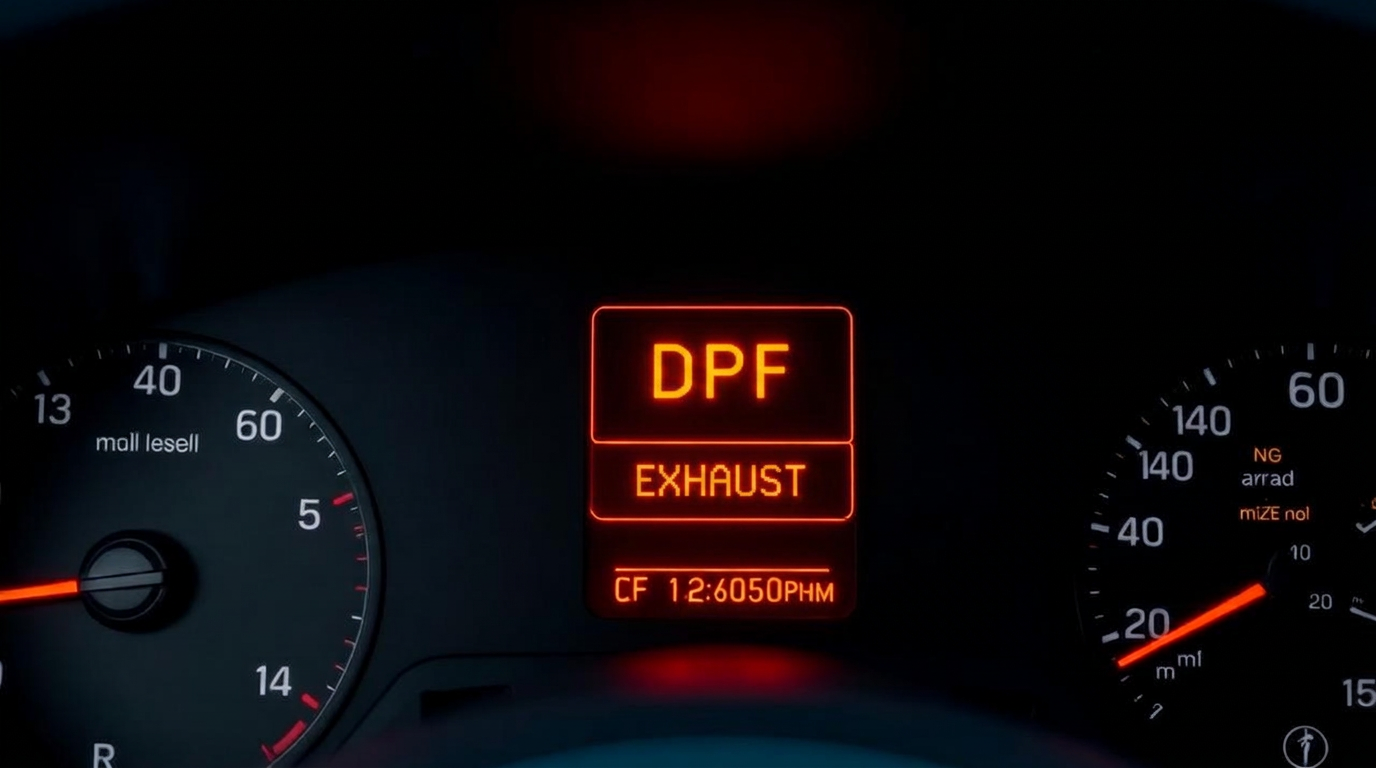 Amber DPF warning symbol glowing on a diesel car dashboard indicating the particulate filter is loaded with soot and needs regeneration —…