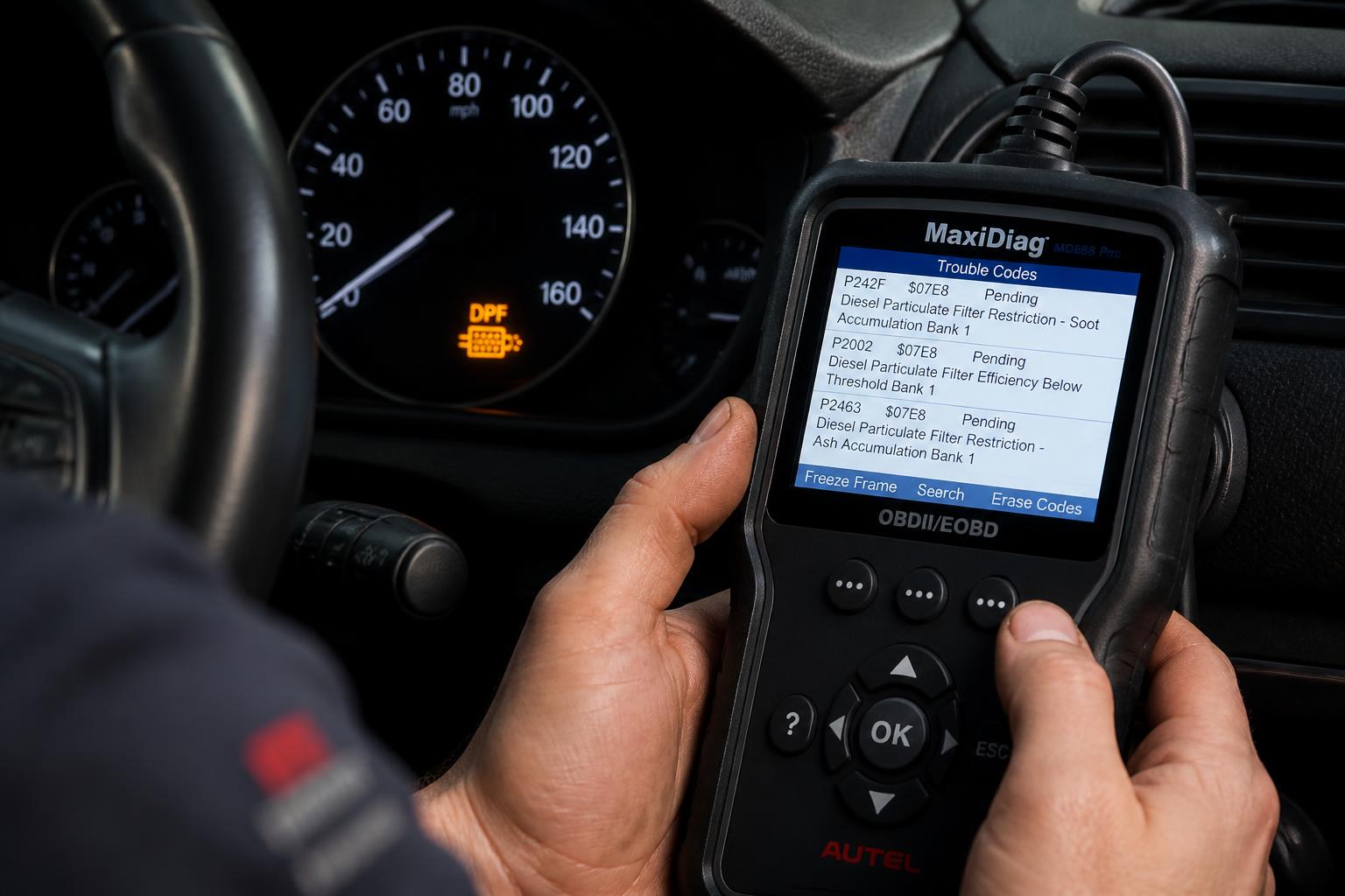 Diesel car instrument cluster with the DPF warning light illuminated while a technician connects an OBD-II scan tool to read stored P244A, P2002 and related DPF diagnostic trouble codes — guide at dpf-problems-solutions.com — Photo Created by www.dpf-problems-solutions.com