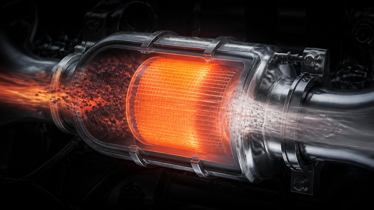 Cutaway thermal view of a diesel particulate filter glowing red-hot during a forced regeneration cycle, burning trapped soot into ash — procedure guide at dpf-problems-solutions.com — Photo Created by www.dpf-problems-solutions.com