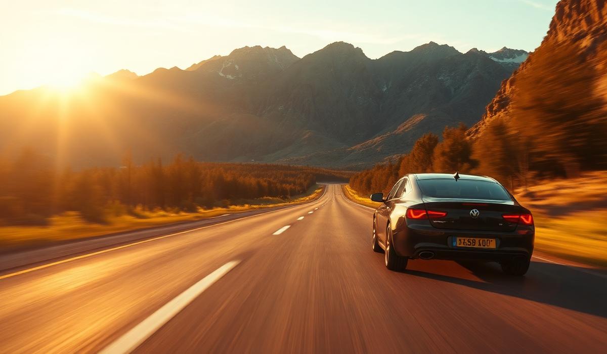 Diesel car on open country highway at golden hour for DPF regeneration