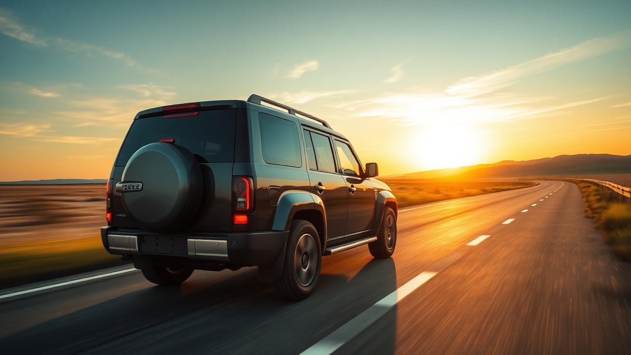 Diesel SUV driving at highway speed on an open country road at sunset