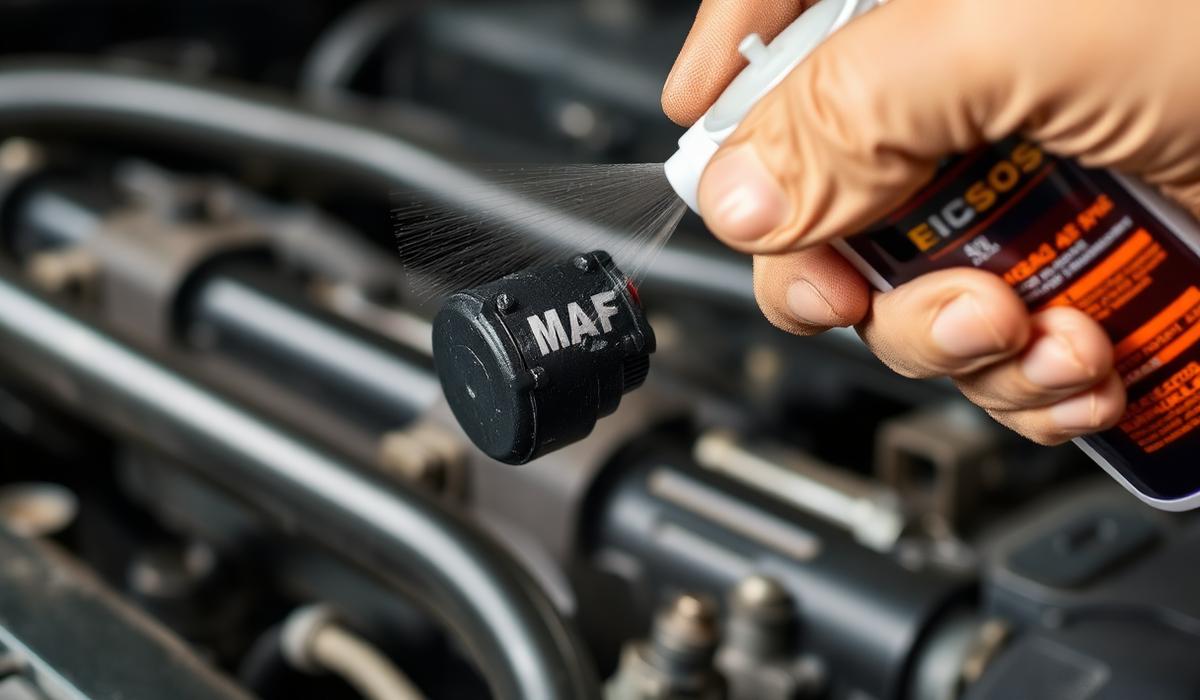 Close-up of a diesel MAF (Mass Air Flow) sensor being cleaned with a dedicated aerosol MAF cleaner spray — pro DPF maintenance tip from dpf-problems-solutions.com — Photo Created by www.dpf-problems-solutions.com