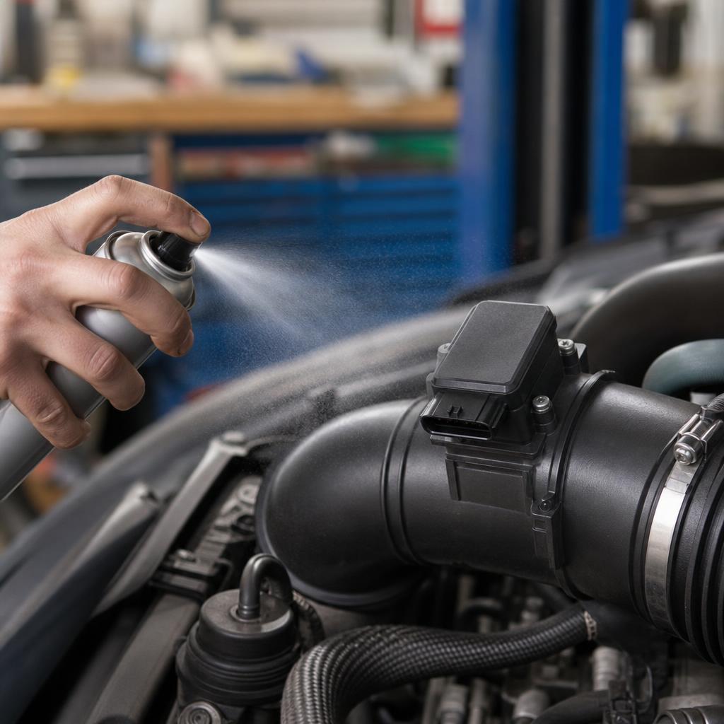 Mechanic spraying dedicated MAF sensor cleaner solvent onto a diesel Mass Air Flow sensor to remove soot buildup, pro tip from dpf-problems-solutions.com — Photo Created by www.dpf-problems-solutions.com